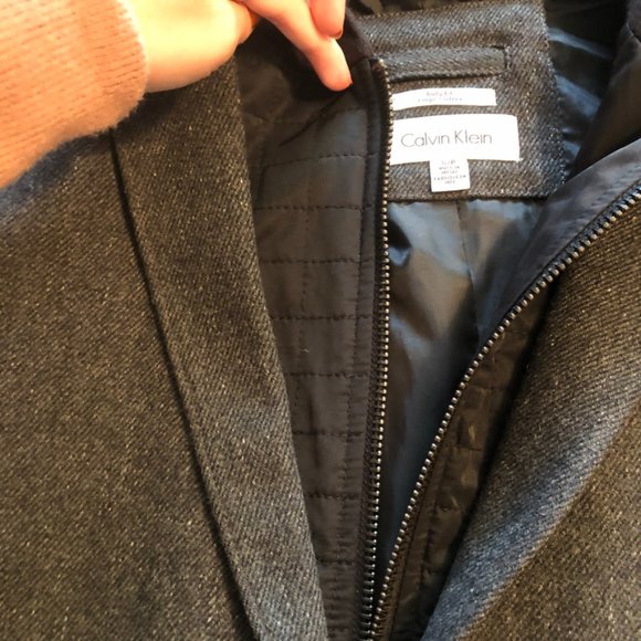Calvin Klein Charcoal Wool Layered Hoodie Car Coat Overcoat Zip Closure - Picture 4 of 13